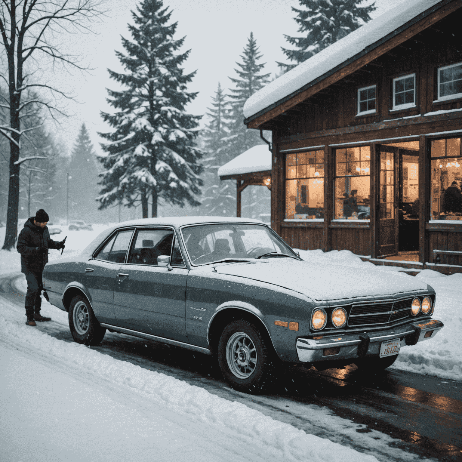 Een auto in winterse omstandigheden met sneeuw eromheen, terwijl iemand de auto controleert op verschillende onderhoudspunten zoals banden, ruitenwissers en vloeistoffen