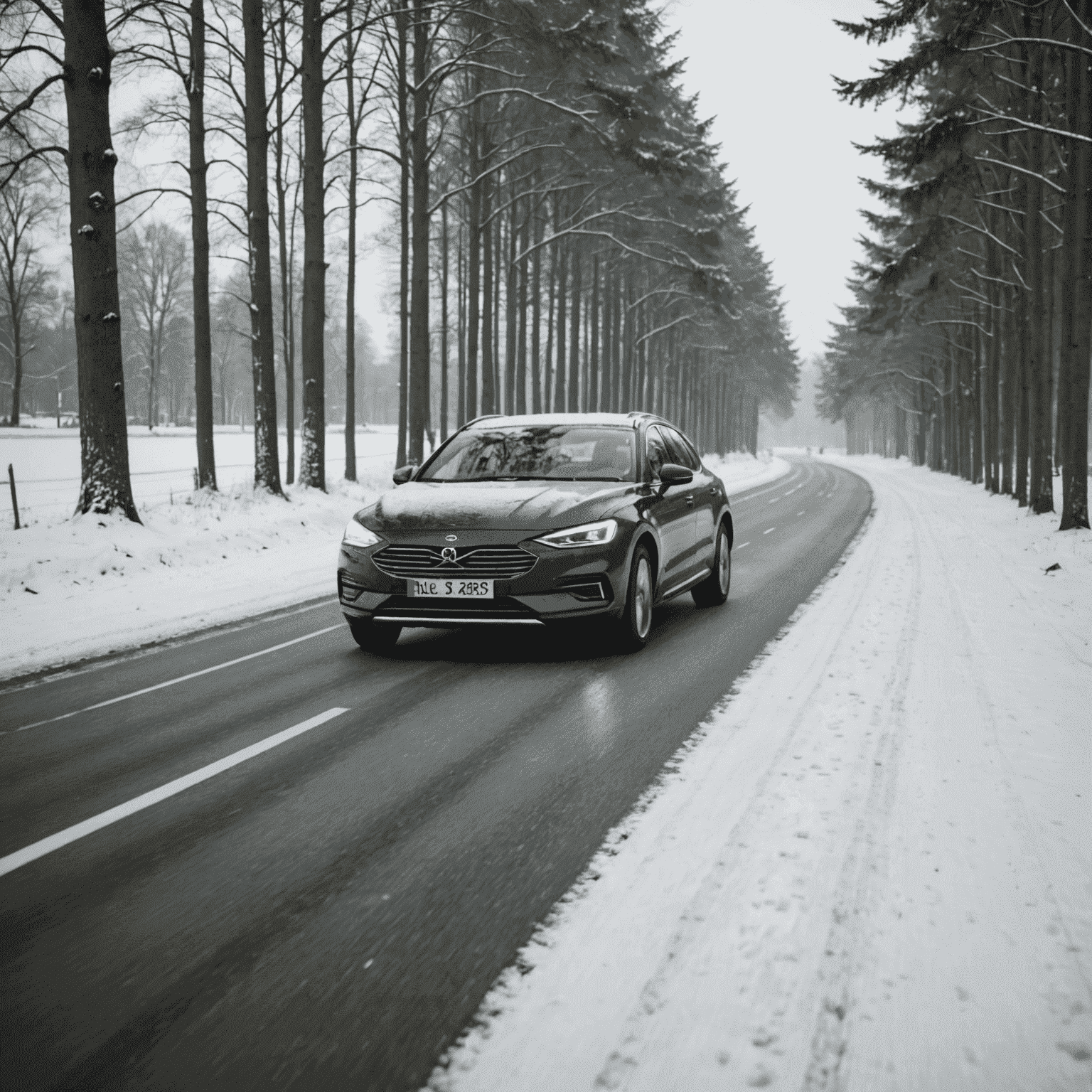 Een auto rijdend op een besneeuwde weg in Nederland, met duidelijk zichtbare winterbanden die grip bieden op het gladde wegdek. De omgeving toont typisch Nederlands winterlandschap met sneeuw bedekte bomen langs de weg.