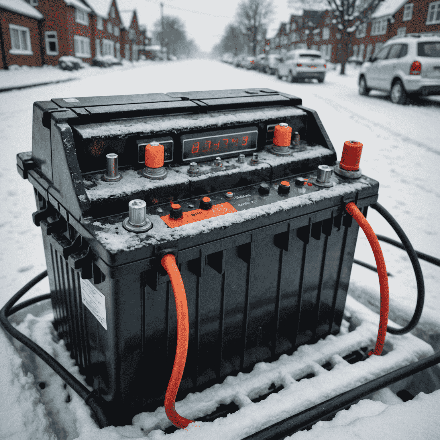 Close-up van een auto-accu met zichtbare corrosie op de polen en aansluitingen, met een thermometer die lage temperaturen aangeeft in een Nederlandse winteromgeving.